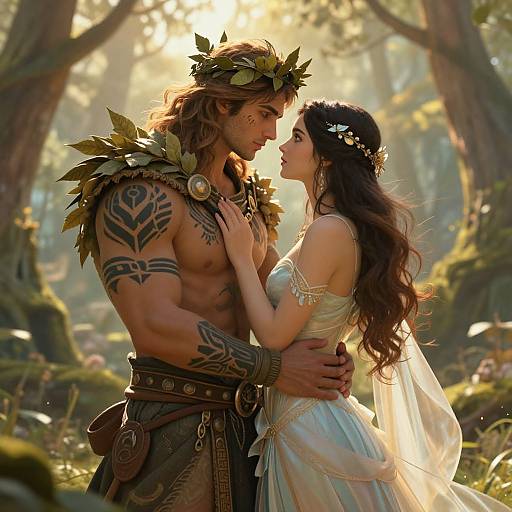 Photograph-style CGI of a muscular, tattooed, leaf-crowned man holding a fair-skinned, flower-crowned woman in a sunlit forest