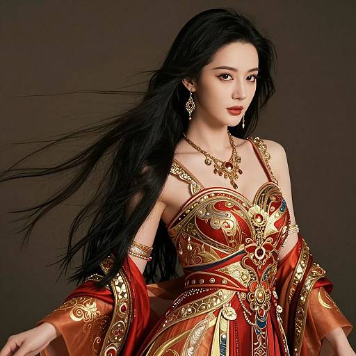 Digital artwork of an Asian woman with long black hair, wearing an ornate, red and gold medieval-style dress, adorned with intricate jewelry, against a