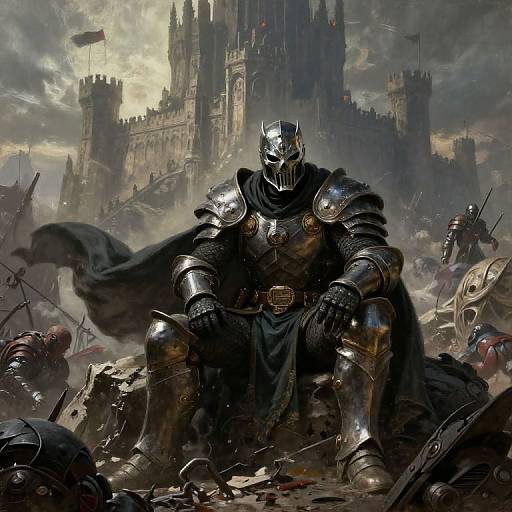 Digital painting of a armored, helmeted knight with reflective steel armor, seated amidst a bloody battlefield, with a grand castle in the stormy background.