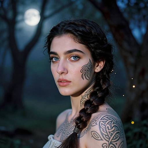 Photograph of a young woman with blue eyes, dark braided hair, intricate tattoos on her neck and shoulder, standing in a moonlit forest.