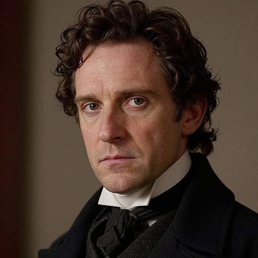 Photograph of a middle-aged man with curly brown hair, pale skin, and blue eyes, wearing a black suit, white shirt, and black bow