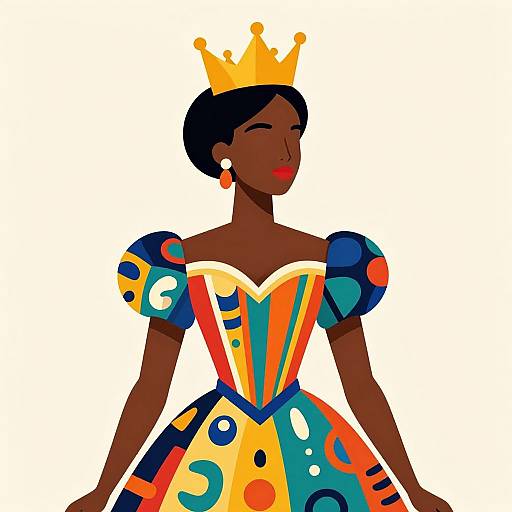 Digital illustration of a dark-skinned queen with a yellow crown, colorful off-the-shoulder dress, and red earrings, standing against a white background