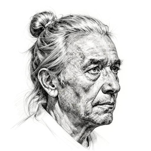 Detailed black-and-white sketch of an elderly man with a bun, pronounced wrinkles, and a serious expression, viewed in profile.