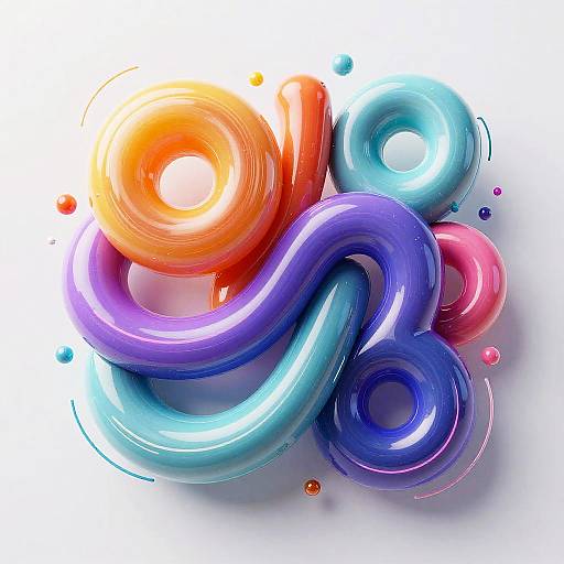 Digital artwork of vibrant, glossy, intertwined loops in orange, red, blue, and purple, with small colorful dots, set against a white background.