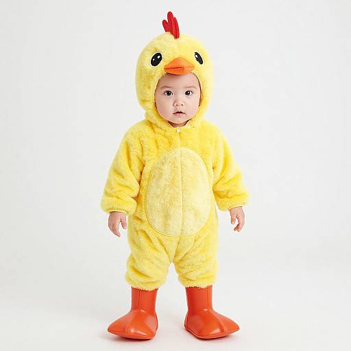 Photograph of a baby wearing a yellow, fluffy, chicken-themed onesie with red feet, beak, and eyes, standing against a white background