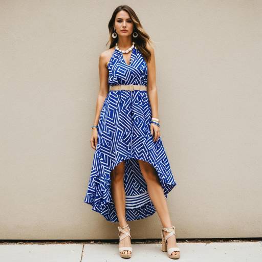 Woman in Blue Geometric Halter Dress