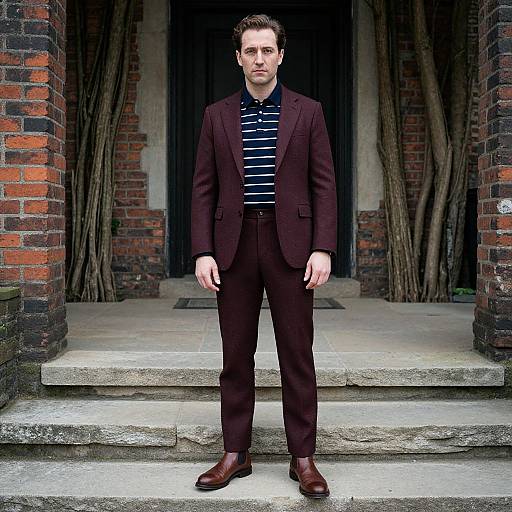 Photograph of a serious-looking man with short brown hair, wearing a dark brown suit, black and white striped shirt, and brown shoes, standing on