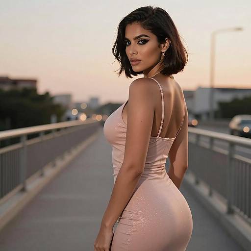 Olive-Skinned Woman on Urban Bridge