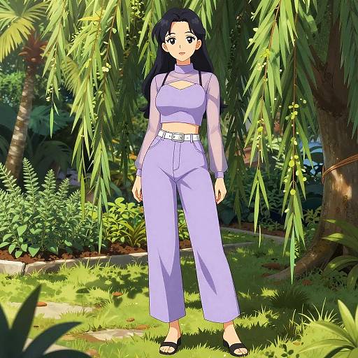 Anime-style digital drawing of a young woman with long black hair, wearing a lavender crop top and high-waisted pants, standing in a lush,