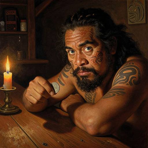 Photograph of a muscular, tattooed man with long black hair and beard, leaning on a wooden table, staring intently at a lit candle.