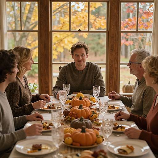 Photograph of five adults, warmly dressed, around a table with a pumpkin centerpiece, dining in a sunlit room with autumn foliage outside.