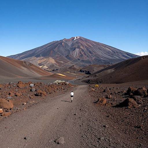 Photograph of a lone hiker in white gear walking up a rocky trail towards a towering, snow-capped volcanic mountain under a clear blue sky.