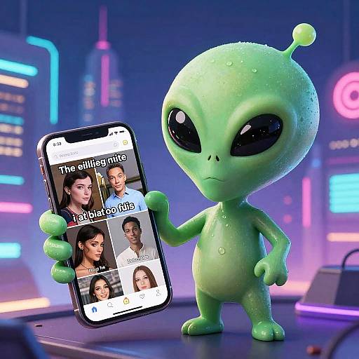 CGI alien holding smartphone with 