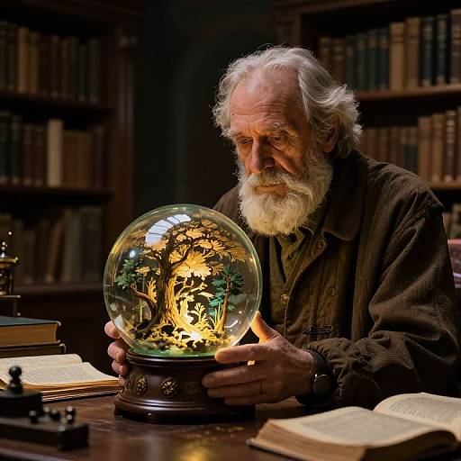 Photograph of an elderly white man with a white beard, in a brown robe, holding a glowing snow globe with a miniature tree, in a dim