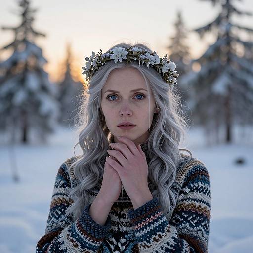 Photograph of a fair-skinned, blue-eyed woman with wavy silver hair, wearing a snow-covered floral headband and colorful patterned sweater,