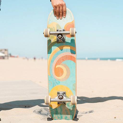 Photograph of a colorful skateboard with swirl patterns, held by a hand on a sunny beach, clear blue sky background.