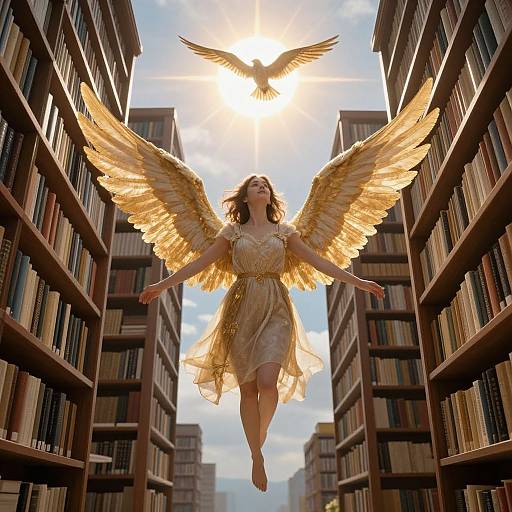 Photograph-style digital art of a woman with golden wings, floating between sunlit library aisles, wearing a shimmering gold dress, with a bird