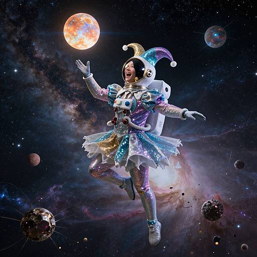 Digital artwork of a glittery, jester-costumed astronaut floating in space, juggling a glowing red moon, surrounded by planets and stars.