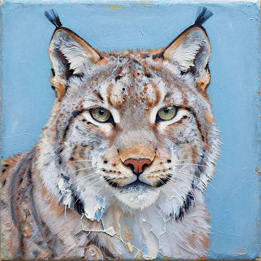 Close-up painting of a realistic lynx with piercing yellow eyes, detailed fur, and black ear tufts against a blue background.