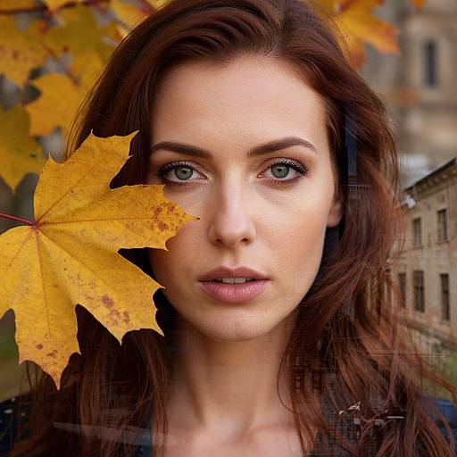 Photograph of a fair-skinned woman with green eyes, brown wavy hair, and a yellow autumn leaf partially covering her face, standing in front