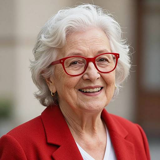 Photograph of an elderly woman with white hair, red glasses, and a red blazer, smiling warmly outdoors, wearing a white top.