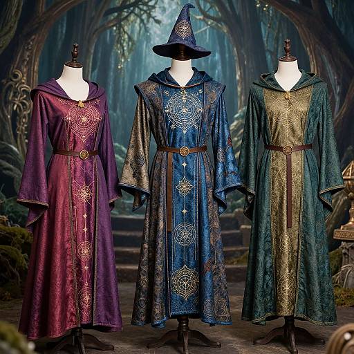 Photograph of three wizard robes in purple, blue, and green on mannequins, each with intricate gold patterns, set in a mystical forest