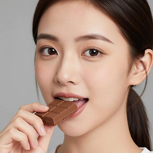 Closeup Portrait of Woman Eating Chocolate