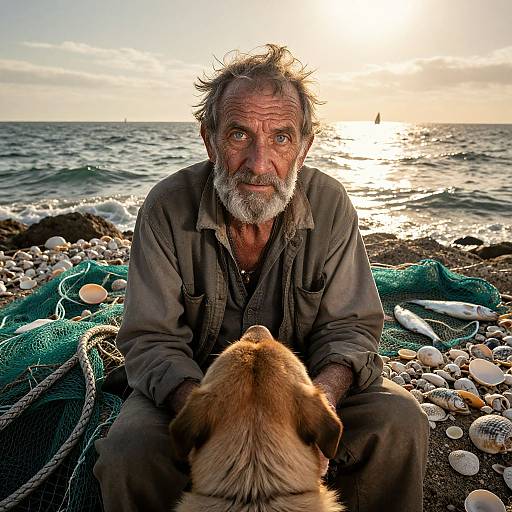 Photograph of an elderly, weathered man with a beard, sitting on a rocky beach at sunset, fishing nets beside him, and a brown dog