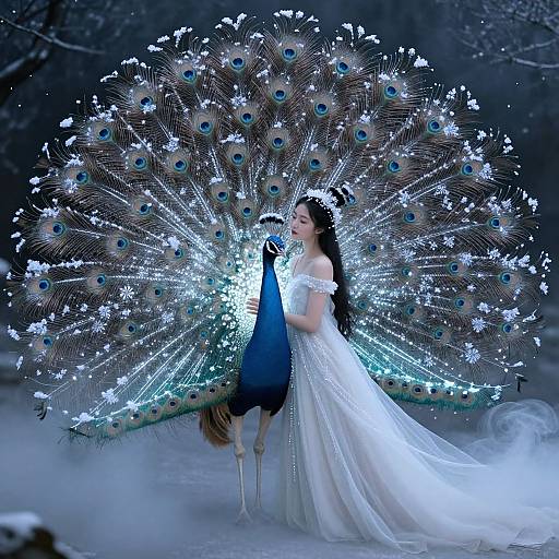 Photograph of an Asian woman in a white, off-shoulder gown holding a peacock with illuminated, fan-like tail feathers in a dark,