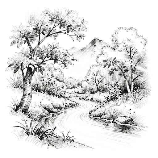 Black-and-white ink drawing of a serene forest landscape with detailed trees, grass, and a small stream, showcasing delicate line work and textured foliage.