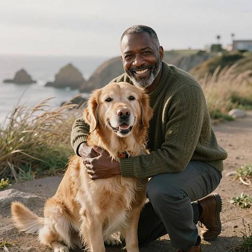 Man Hugging Golden Retriever by the Coast