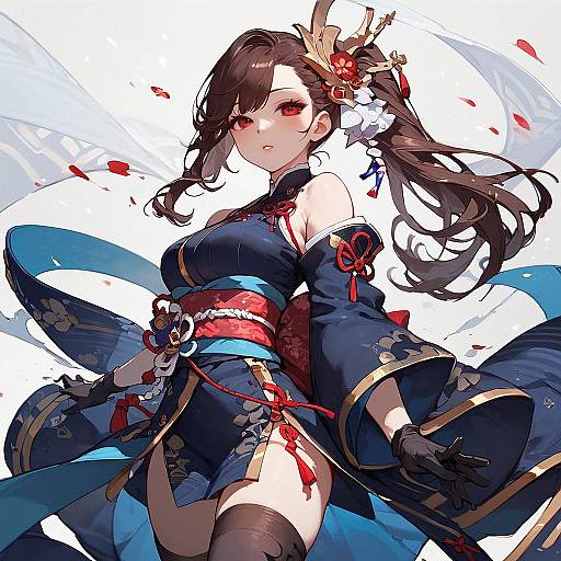 Digital anime-style drawing of a beautiful, dark-haired woman in a navy blue kimono with red and gold accents, red eyes, and flowing hair adorned