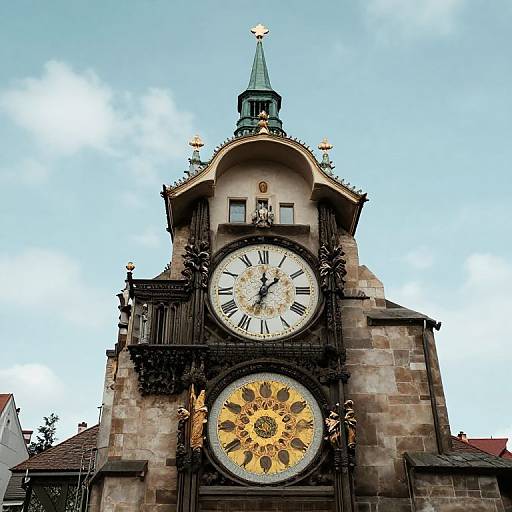 Photograph of a historic clock tower with two ornate, sunburst-patterned clocks, black Roman numerals, and a green spire against a