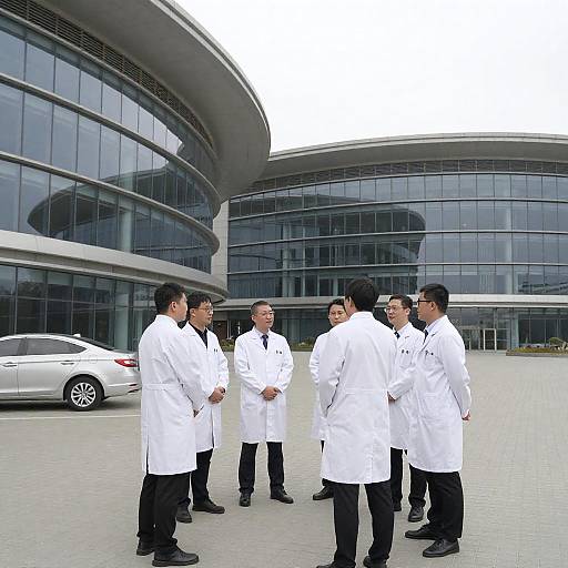 Seven Scientists in Modern Glass Courtyard