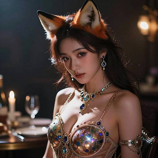 Digital artwork of an Asian woman with fox ears, wearing a glittering, gold and gemstone bra, and intricate jewelry, illuminated by candlelight in