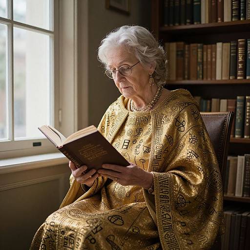 Photograph of an elderly white woman with curly gray hair, glasses, and gold embroidered robe, reading a book in a sunlit library.