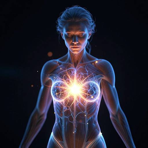Glowing Irradiated Woman with Fracturing Atoms
