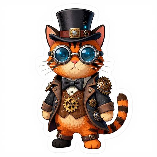 Chibi-style digital drawing of an orange tabby cat wearing a top hat, goggles, brown Victorian coat, bow tie, and multiple gears.