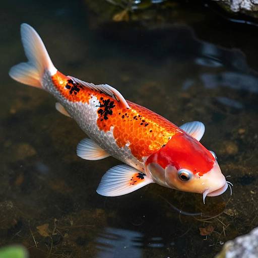Photograph of a vibrant orange and white koi fish with black spots, swimming in a dark, clear pond with subtle reflections.