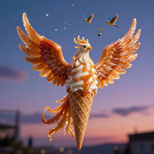 Digital art of a phoenix-ice cream cone hybrid with golden wings, floating against a twilight sky, with two birds flying above.