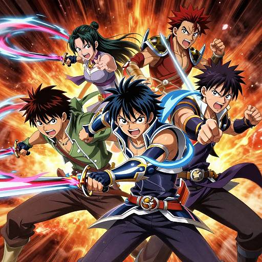 Anime-style digital artwork of five energetic, battle-ready characters with glowing energy blades, set against a fiery, explosive background. Vibrant colors, dynamic poses