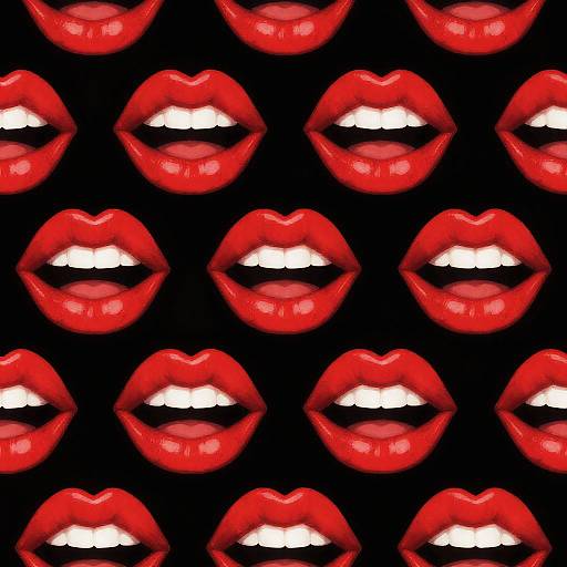 Repeating pattern of vibrant red lips with white teeth, set against a black background, in a digital, pop art style.
