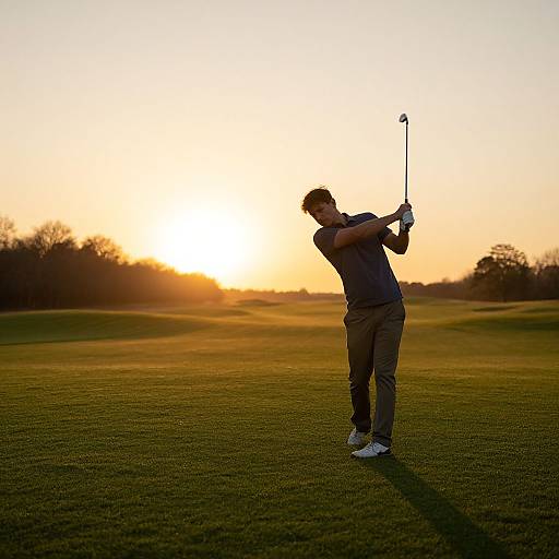 Photograph of a silhouetted golfer mid-swing on a green golf course at sunset, with a bright orange sky and darkened trees