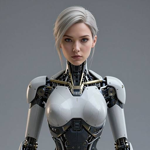 CGI image of a silver-haired, blue-eyed, humanoid female robot with white and black armor, displaying a strong, determined expression against a gray background
