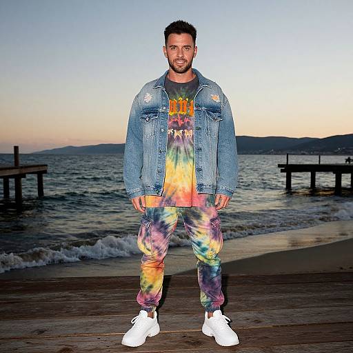 Photograph of a bearded man in colorful tie-dye pants, denim jacket, and white sneakers, standing on a wooden pier at sunset with ocean