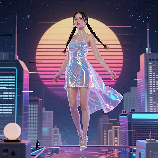 Holographic Woman in Retro Futuristic City