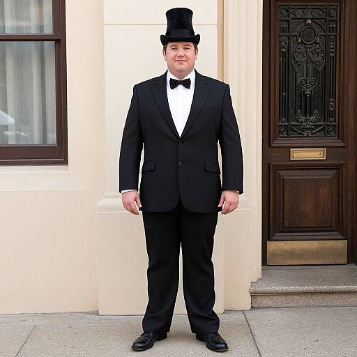 Photograph of a Caucasian man in a black tuxedo, bow tie, and top hat, standing in front of a beige building with a dark