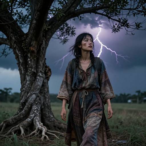 Photograph of a wind-swept woman in tattered, earth-toned clothing, standing before a large tree during a storm with a bright lightning
