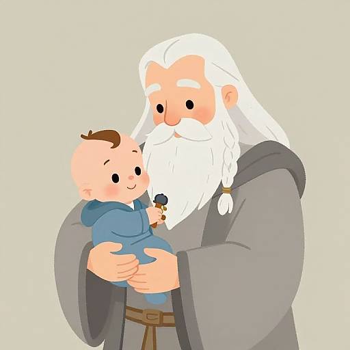 Cartoon-style drawing of a white-bearded elderly man in a gray robe holding a smiling baby in a blue hoodie. Background is plain cream. Both