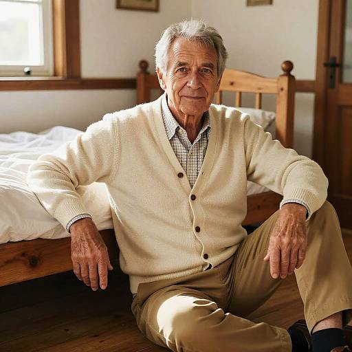 Photograph of an elderly man with gray hair, wearing a cream cardigan and beige pants, sitting on a wooden floor by a bed in a sun